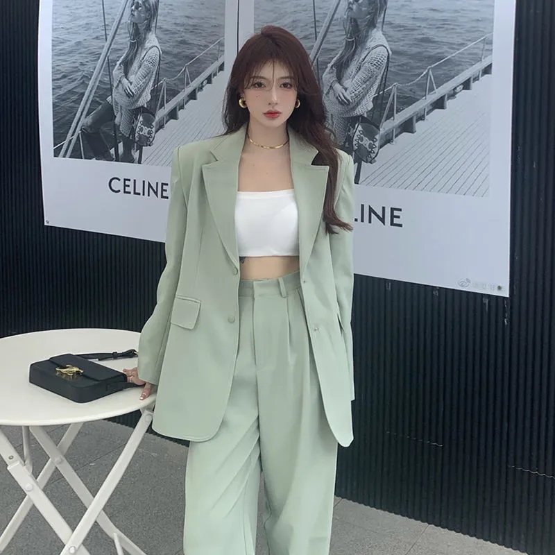 Autumn New Korean Fashion OL Women's Wear Mid-long Suit Jacket + Slim Suit  Pants Two-piece Set