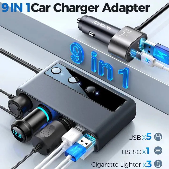 Joyroom JR-CL06 154W/139W/78W 9 in 1 Multi Port Car Fast Charger Adapter PD 3 Socket Cigarette Lighter Splitter Charge