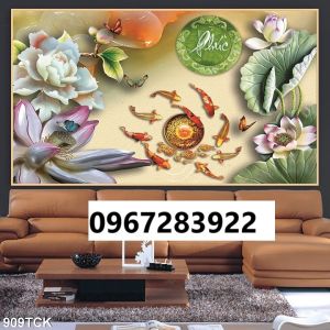 Tranh gạch men 3d cá chép và hoa