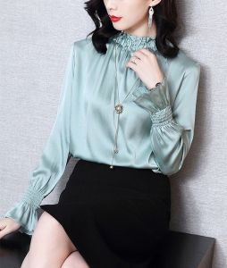 (Cle)  Alisa Sonya เสื้อเบลาส์เสื้อเชิ้ตผ้าไหมเป็นทางการขนาดใหญ่ราตรีแขนยาวแต่งระบายคอปกเข้ารูปเสื้อหรูหราผ้าซาตินลำลอง