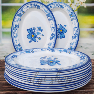 12PCS PIRING SAJI OVAL MELAMIN KEMBANG BIRU TIONGKOK ANTI KELOPEK TAHAN PANAS DIA 17CM