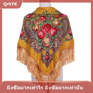 【QrhYK】 ผ้าคลุมศีรษะสไตล์ชนเผ่า90x90ซม. ผ้าพันคอสี่เหลี่ยมสำหรับผู้หญิงย้อนยุคดอกโบตั๋นผ้าเช็ดหน้าผ้าคลุมไหล่มีฝอยพิมพ์ลายดอกไม้