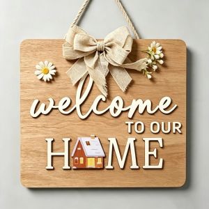 NOBLELYN 2D Flat 2D Round Welcome Sign Cat Print Retro Style Round Doorplate Warm Home Hanging Plaque Front Door Decor