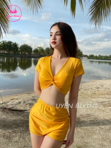 Đồ bơi nữ bikini hai mảnh cộc tay xoắn ngực phối quần đùi cạp cao đồ đi biển bikini kín đáo