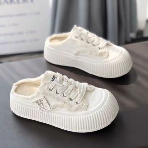 [Free Shipping] Canvas Toe-Cap Sandals For Women 2025 Autumn New Style Backless White Shoes Thick-Soled Breathable Sandals For Women