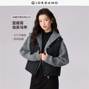 GIORDANO Women Vests Stand Collar Warm Padded Vests Snap Buttons Regular Fit Fashion Casual Short Puffer Vests 13375641