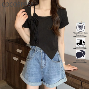 Cocoepps Áo thun ngắn dây rút tay BẤT ĐỐI XỨNG áo ren mỏng phong cách Ins in phong cách mới phong cách Hàn Quốc mùa hè 2023 cho nữ