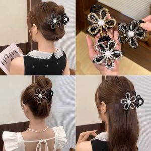 CHAOSON Diamond Rhinestone Shark Clip Zircon Korean Style Shiny Hair Claw Personalized Silver Flower Pearls Shark Clip Girls
