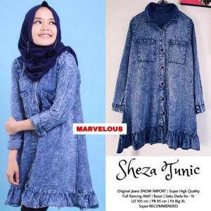 Sheza Atasan Wanita Blouse Lengan Panjang Jeans Cantik - Atasan Blouse Korea Wanita Busui Kekinian - Long Tunik Muslim Jeans - Baju Denim Wanita Terbaru