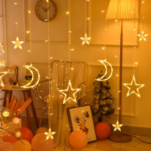 🇸🇬🔥SG STOCK🔥 Fast Delivery |8 Mode LED Moon Star Remote Control Curtain Lights Fairy String Shop Window Display Room Christmas Decoration