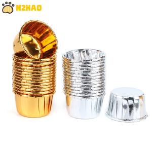 【N2HAO】 50pcs mini cupcake Foil Cupcake Wrapper Paper Gold Silver Cupcake Baking Cups