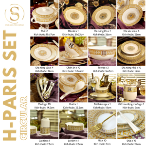 Set 70 Món Tô Chén Đĩa Phụ Kiện Bàn Ăn H-Paris (Tròn) Gốm Sứ Cao Cấp Viền Vàng Sang Trọng Phong Cách Tây Âu