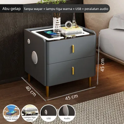 AIHUISEN | Smart Bedside Cabinet 3 Color LED Wireless Charging Bluetooth Speaker Gold Leg 45cm | Local MY Stock