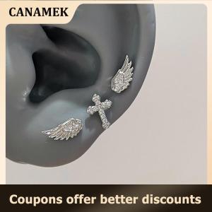【 CANAMEK 】 3 4Pcs Set Shiny Angel Wings Ear Studs Women Vintage Couple Creative Luxury Crystal Geometric Personality Cross Earrings Jewelry