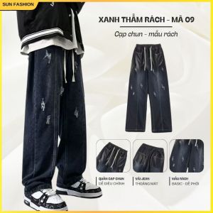 Quần jean quần bò nam nữ ống rộng cạp chun bigsize SUN 09 XANH RÁCH chất liệu mềm mại thoải mái