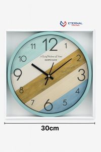 WALL CLOCK DURABLE 30CM QUARTZ THICK WITH PASTEL STRIPES AND BLACK HANDS DOUBLE A BATTERY OPERATED