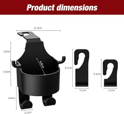 RICHMENT Universal Car Cup Holder with Dual Hooks Car Organizers Back Seat Organizer for Drinks Phones Handbags Umbrellas & More | Adjustable Hook Length for Thin & Thick Seats | Multifunctional Car Interior Accessory