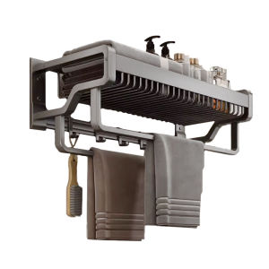 SRUE NEW Elegant Stainless Steel Wall-Mounted Bathroom Organizer with Removable Shelf and Hooks