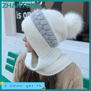 ZHANTONG ผ้าพันคอมีฮู้ดสไตล์เกาหลีสำหรับผู้หญิง หมวกผ้าพันคออบอุ่นป้องกันความหนาวสำหรับผู้หญิงหมวกไหมพรมหนาป้องกันหูลูกบอลน่ารัก