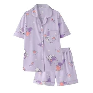 REEBO Melody Kuromi Cinnamoroll Summer Nightwear Candy Color Printed Women Cartoon Sleepwear Sweet T Shirt Shorts Set Kuromi Short Sleeves Pajamas Set Girl