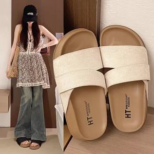 WomenS Summer Casual Slip-On Thick-Soled Slippers With Cross Straps Suede Seaside Vacation Style Versatile Beach Sandals