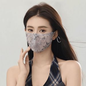 【Ready Stock&COD】DIVATEN Embroider Flower Summer Lace Breathable Thin Sun Protection Face Shield Fashion Half Face Covering Women