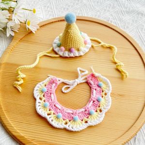JAYNEBIO 2pcs Handmade Pet Birthday Hat Knitted Photo Decoration Dog Neck Accessories Cute Dog Neck Set