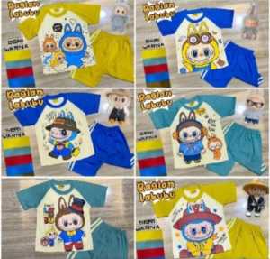 GROSIR LABUBU ANAK { ISI 3 SETEL } SETELAN DUGA Lengan pendek celana pendek 2-10 thn