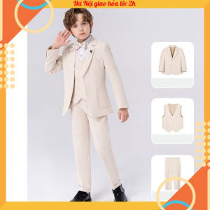 Bộ vest bé trai cao cấp màu be cho bé đi tiệc TQB124 gồm 3 chi tiết (áo ghile + áo vest + quần tây) tặng kèm nơ