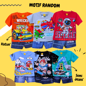 PAKET 3 PCS BAJU SETELAN ANAK COWOK SEMI JEANS KAOS MOTIF RANDOM BAJU OBLONG ANAK LEBARAN