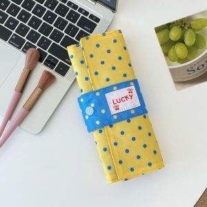 FOUNDTWO Di động Túi đựng cọ trang điểm chấm bi Vải canvas Có thể gấp lại. Giá đựng dụng cụ trang điểm dạng cuộn Phong cách 10 khe cắm Túi đựng bút đa năng Phụ nữ