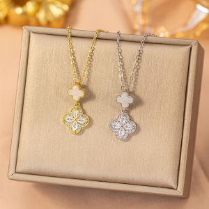 Fashion necklace pendant - Luxury and exclusive small-scale collar chain accessory  【钛钢】个性时尚铜镶锆四叶草项链女高级感轻奢不掉色锁骨链饰品