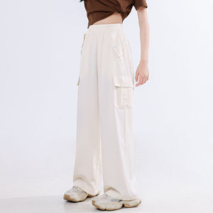 Summer Cargo Pants for Kids Girls Ice Silk Wide Leg High Waisted Loose and Breathable Suitable for 7-13Years