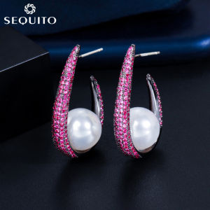 SEQUITO Women Elegant Fashion Pearl Jewelry Micro Tiny Cubic Zircon Setting U Shape Huggie Hoop Earrings SE357