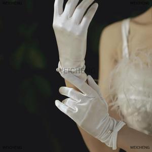 [COD] WEICHENG Women Wedding Bridal Short Gloves Satin Full Finger Wrist Length Party Gloves