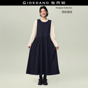 Giordano Women Oblique button round neck plaid vest dress Free Shipping 18466531