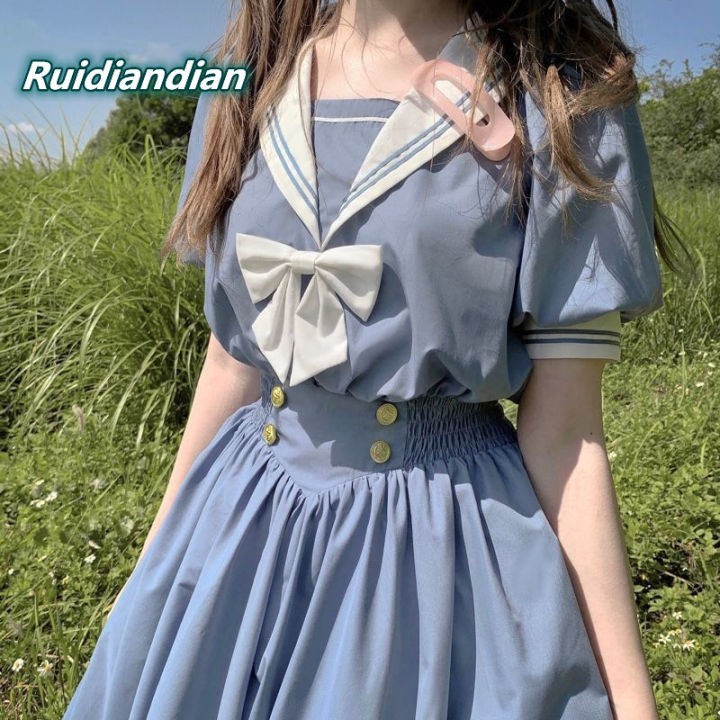 Ruidiandian 2025 Harajuku Sailor Collar Navy Dress Japanese Lolita