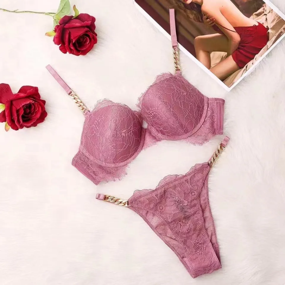 New VICTORIA'S SECRET Rhinestone bra and panty set Sexy Lace Women Thong  Lingerie Bra Set Push Up Seamless Pink Gift Bra Suit