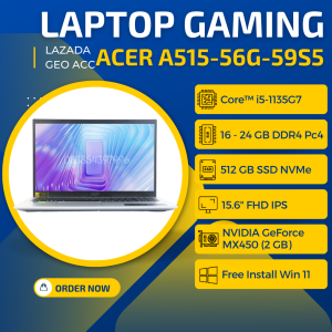ACER GAMING ASPIRE 5 A515-56G-59S5 / CORE I5-1135G7 / RAM 24GB / SSD 512GB + SLOT HDD / DUAL VGA IRIS XE + NVIDIA GEFORCE MX450 / WIFI 6 / BACKLIT KEYBOARD / 15.6" IPS FHD / SILVER / GARANSI 1 TAHUN