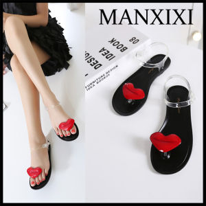 MANXIXI Women Fashion Toe Clip Summer Beautiful Red Love Model Inlay  Jelly Flat Sandals（35-40 Size）
