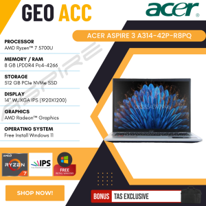 LAPTOP GAMING ACER ASPIRE 3 A314-42P-R8PQ | AMD RYZEN  7 5700U | 20GB RAM | 512GB SSD | 14" WUXGA IPS | FREE INSTALL WINDOWS 11 + TAS LAPTOP