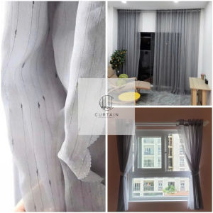 Rèm Voan Xám lụa họa tiết xước kẻ hạt mưa cao cấp rèm cửa sổ phòng ngủ background livetream