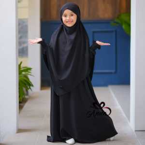 D2BLACK - Gamis Abaya Anak Perempuan French Khimar Nayla Set Hijab Syari Usia 3-12 Tahun