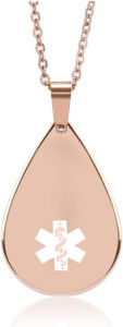 Rose Gold Alert Necklace Teardrop Pendant Arc Surface Emergency ID Dog Tag for Women (Free Engraving)