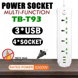 TB-T93 4 Universal Socket 3 USB Port Outlet Charger Heavy Duty Power Strip Extension with Switch