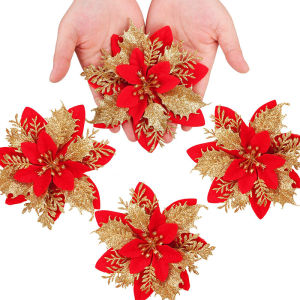 10pcs Glitter Artificial Flowers Merry Christmas Ornaments Christmas Tree Decorations for Home New Year Wedding Party Decor
