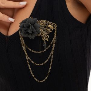 MODERNLUX Gothic Style Velvet Rose Brooch Teardrop Gem Antique Metal Skull Brooch Ornate Multi Layer Chain Pendant Brooch For Halloween Party