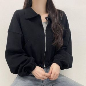 Jaket Wanita | Collared Fuzzy Crop Jacket | Korean Style Sweater Zipper | Atasan Wanita | Bahan Fleece | Allsize