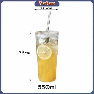 Talao 550ml Creative Glass Water Cup with Straw and Lid Juice Milk Tea Coffee Cold Drink Mug