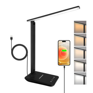 Modern LED Table Lamp Touch Control 5 Color Temperatures Brightness Adjustable Desk Light with Phone Stand USB Output for Computer Desk Bedroom Dormitory Work Station